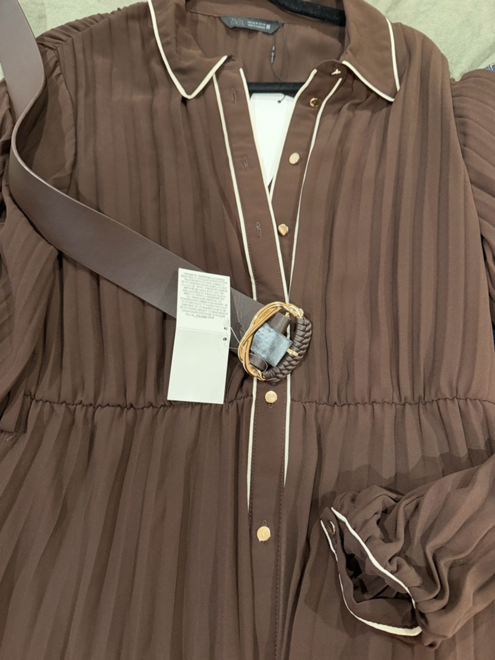 Zara Brown Long-Sleeve Pleated Button-Front Dress with Contrast Piping - Picture 5 of 5